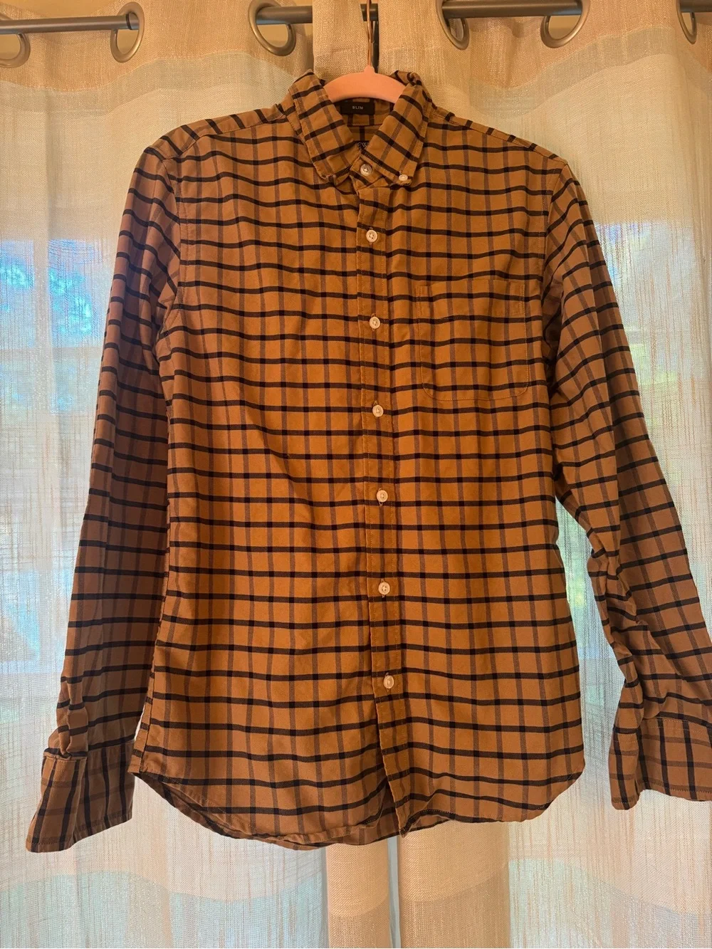 J. Crew Men's Tan and Black Plaid Button-Down Shirt